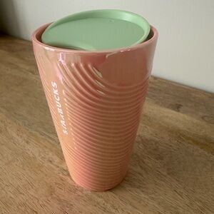 Starbucks Pink and Green Ceramic Travel Mug